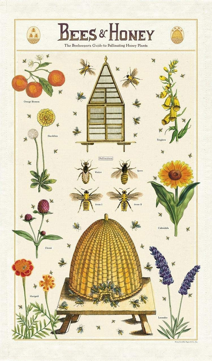 Printed Tea Towel, Linen Cotton Canvas - Bees Black Bee Antique Gold  Honeybee Modern Home Print Decorative Kitchen Towel by Spoonflower 